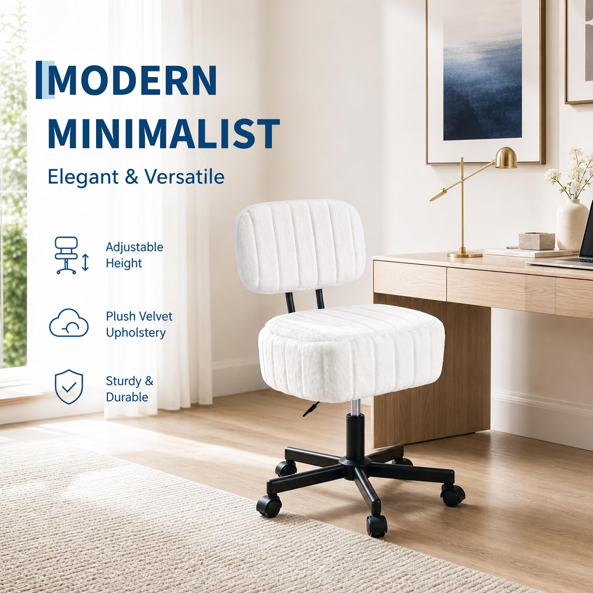 Office Stool - Depolama Alanlı Makyaj Koltuğu, Tekerlekli, Yapay