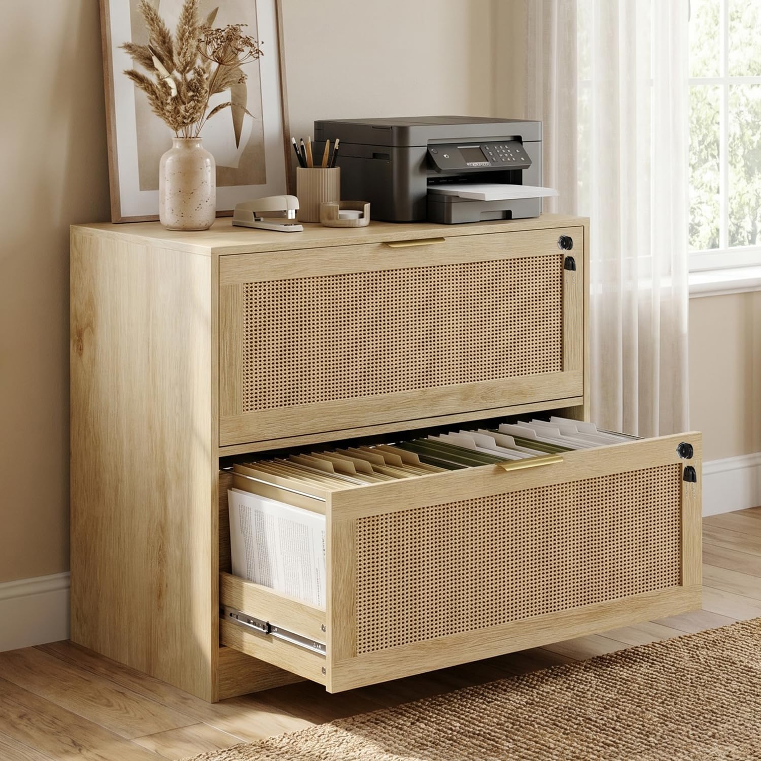 Printer Stand - Kilitli, İki Çekmeceli Dosya Dolabı, Yatay